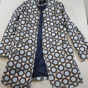 H&M long Blue Geometric Blazer Jacket Womens Size 12 Business Casual Art Deco